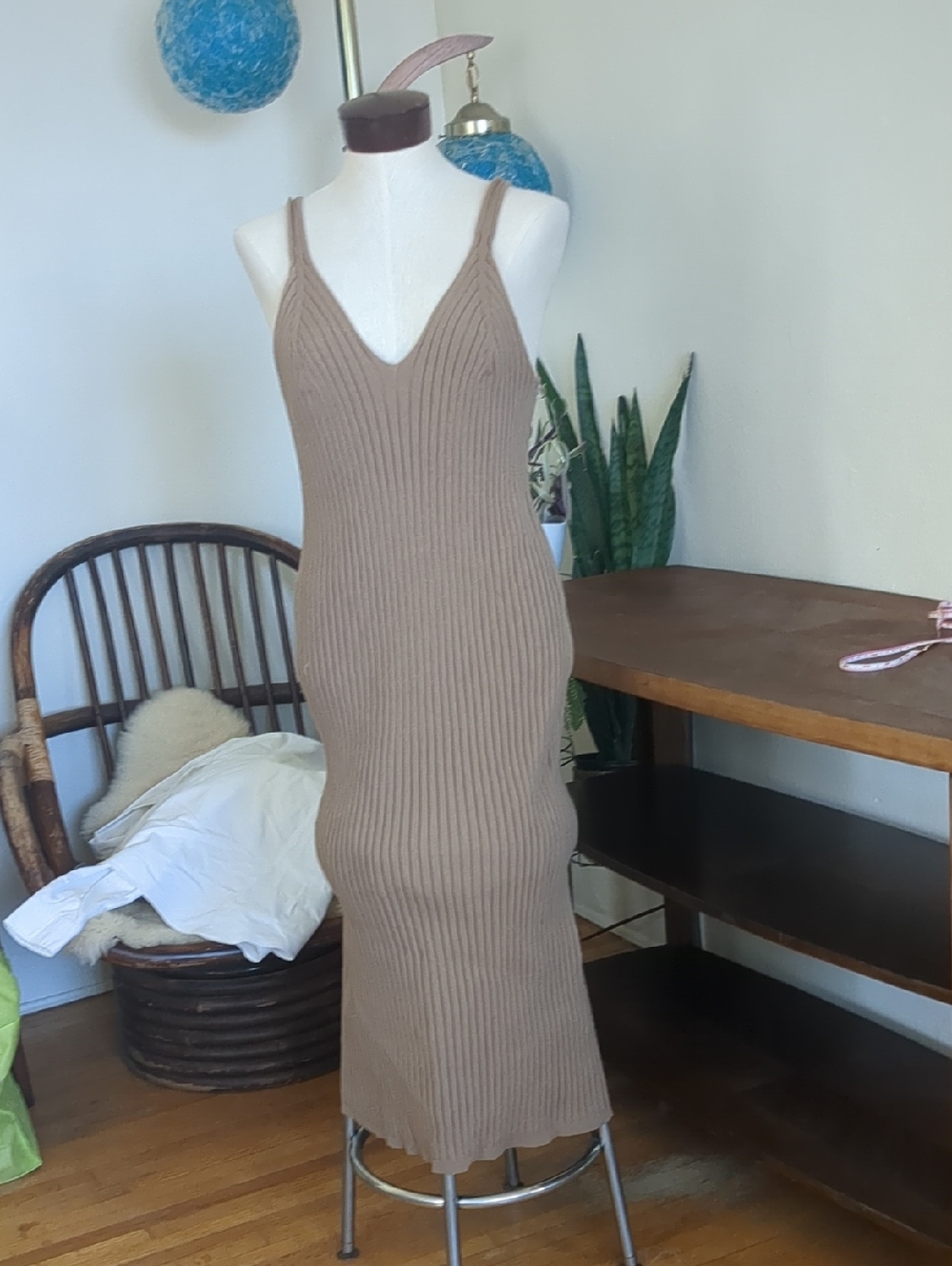 H&M Ribbed V-Neck Maxi Slip Dress in Tan